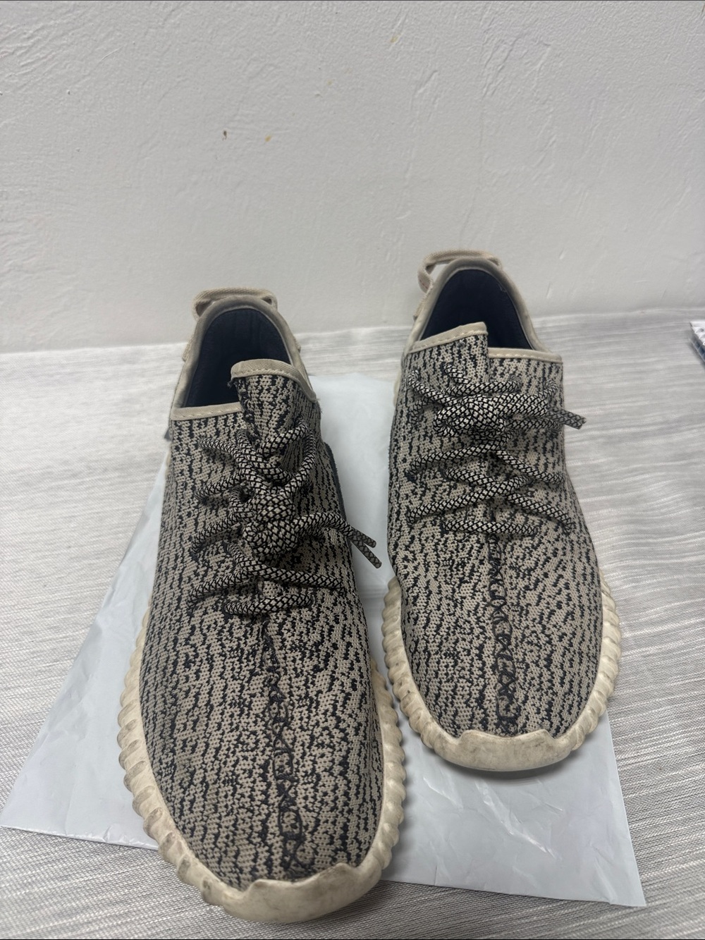 Authentic Yeezy Boost  Low-Top Knit Sneakers in Beige and Black